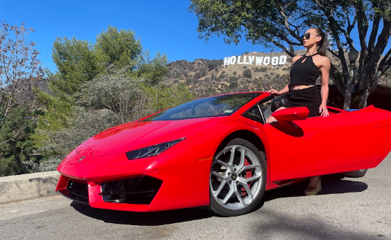 lambo red hollywood sign background