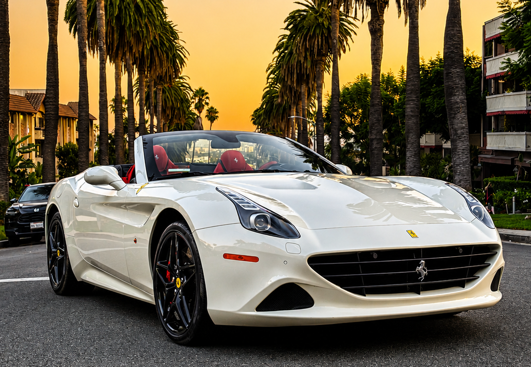 white ferrari in palm lined street
