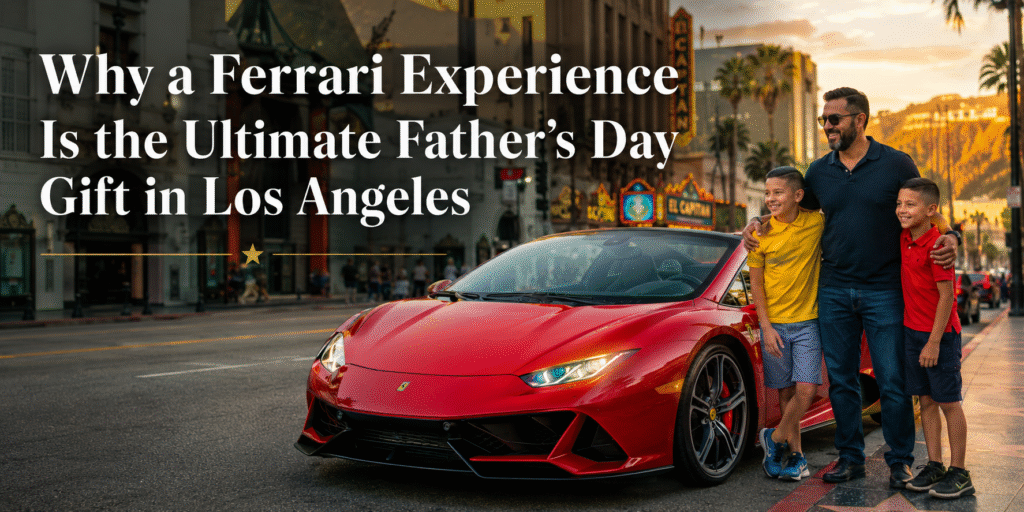 Father and two sons standing beside a red Ferrari convertible on a Hollywood street at sunset during a luxury Father’s Day experience in Los Angeles